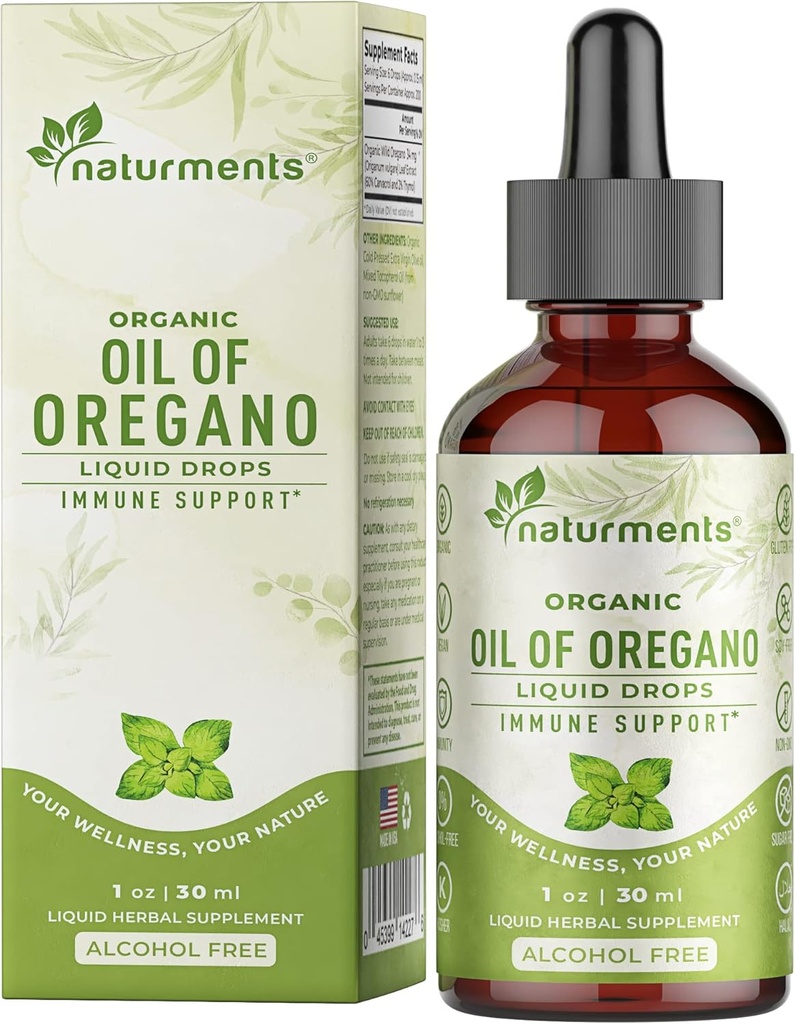 Naturments Oregano Oil Drops for Immune Support & Gut Health. Vegano, No GMO, Azúcar Gratuito &amp; Gluten Orgánica Orgánica Orgánica Orgánica Orgánica Orgánica Orgánica Orgánica Orgánica Óleo de Oliva Virgen Extra - 1 Fl Oz 30 Ml