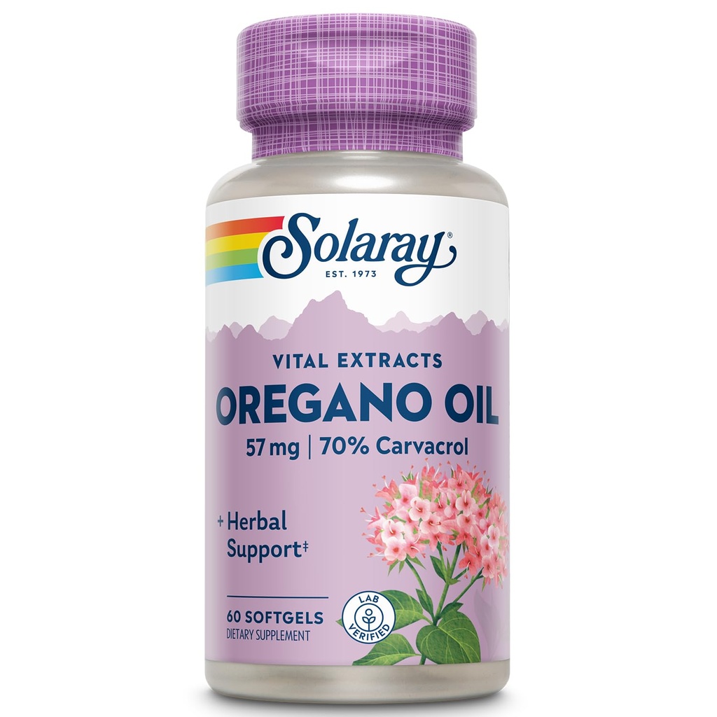 Aceite de orégano SOLARAY 57 mg - Aceite de orégano Softgels - Suplementos herbales para salud y bienestar general w / 70% Carvacrol - Base de aceite de oliva virgen extra, garantía de 60 días, 60 Serv, 60 Softgels