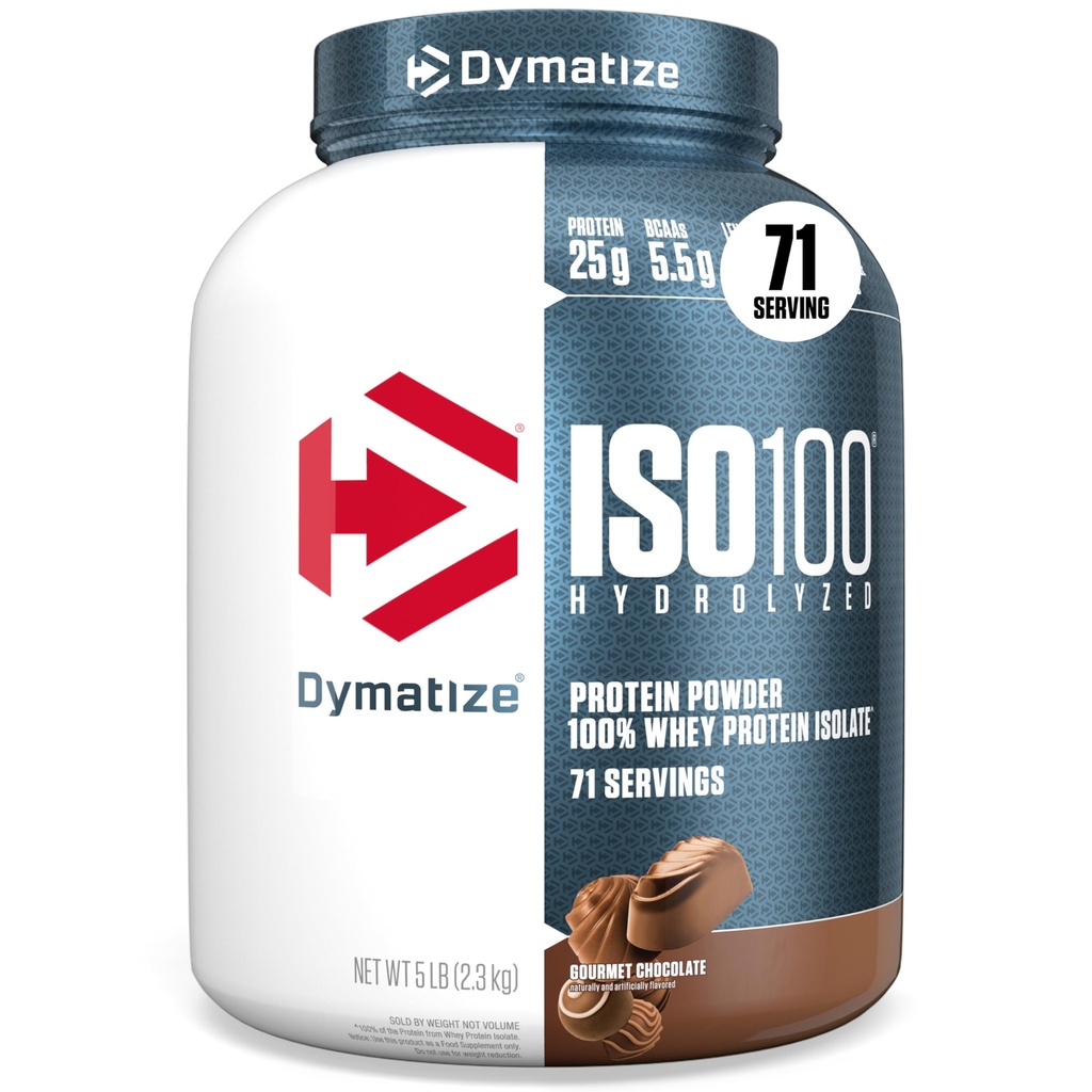 Dymatize ISO100 Whey Protein Powder Isolate, Gourmet Chocolate, 25g de Protein, 5 libras, 5.5g BCAAs, Menos Than 120 Cal., Gluten Free, 1g Fat, 1g Sugar, 2g Carb (71 Servings)