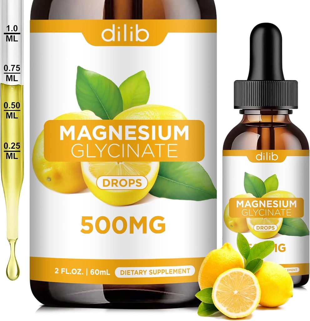 Magnesium Glycinate Suplemento, Magnesium Glycinate Liquid Drops 500mg con Calcio, Zinc, Vitamina B6, D3, L-Theanine, Omega 3 para el sueño, Mood, Stress Relief, Bone, Muscle, Lemon Flavor