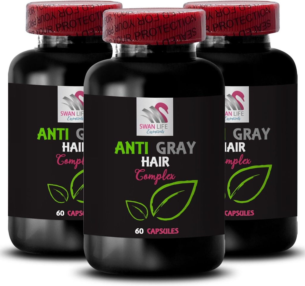 Anti gray hair vitamins - ANTI GRAY HAIR COMPLEX - Gray hair control, Lustrous color, Gray tone balance, Natural shade, Gray hair supplement, Hair shade control, Color vitality booster 3 Bot 180 Caps