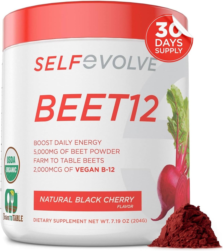 selfevolve Beet12 - Orgánica Beet Root Powder mejorado con vitamina B12, Nitric Oxide Booster, Beet Juice Powder Apoyo Energía Natural, Beet Powder with Black Cherry Flavor, 30 Servimientos