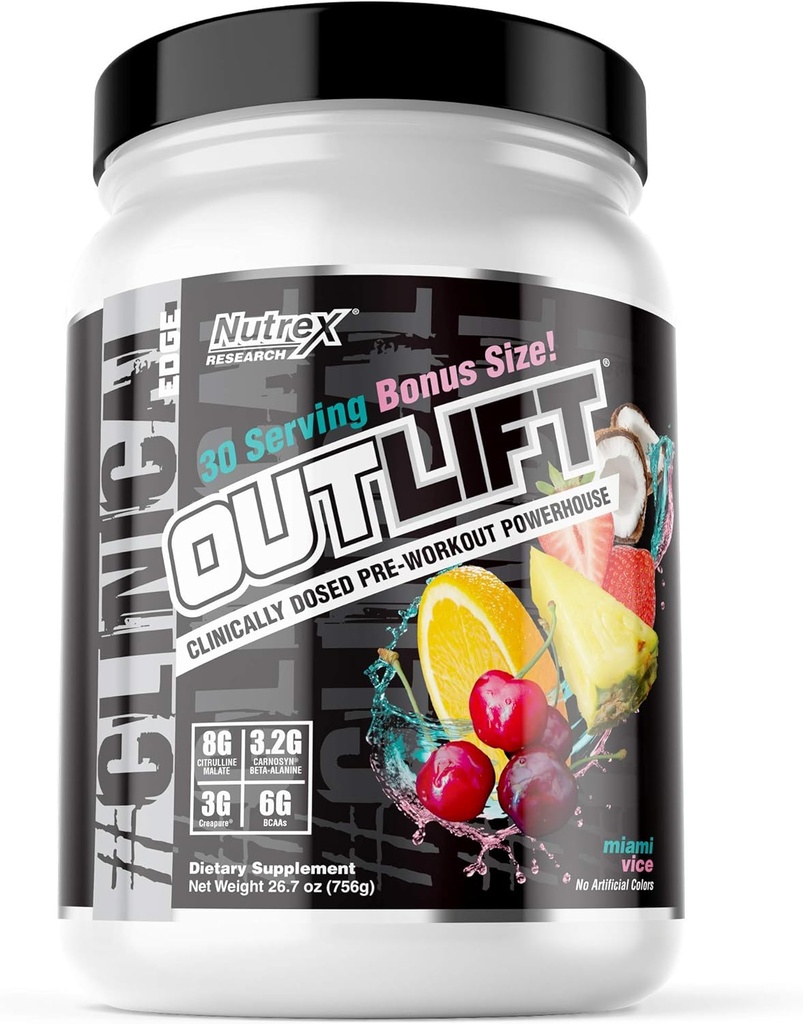 Nutrex Outlift Clinically Dosed Pre Workout Powder with Creatine, Citrulline, BCAA, Beta Alanine, Caffeine TEN Energy, Power, Pump Preworkout Suplemento Silencio Miami Vice 30 Servindo