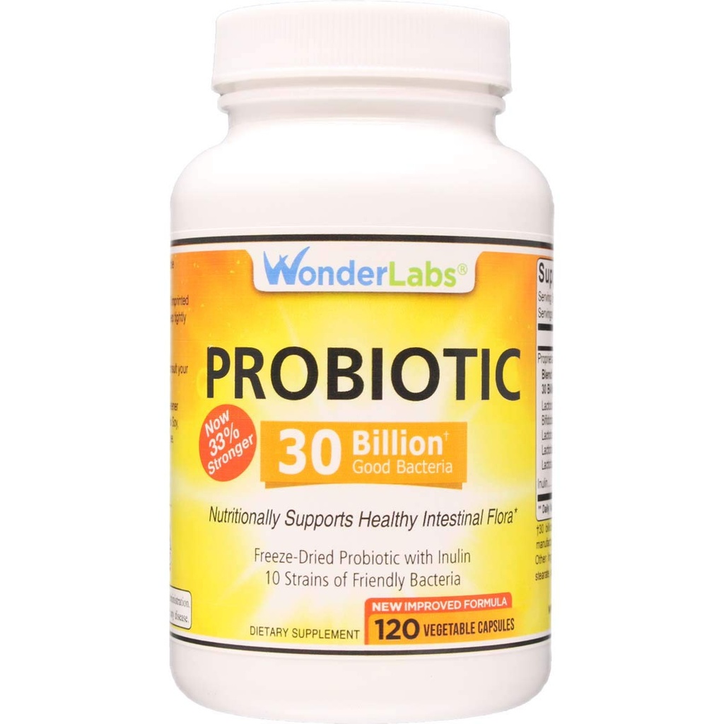 Wonder Laboratories Probiotic 30 Billion Good Bacteria (8 Lactobacillus Strains y 2 Bifidobacterium Strains), Nutricionalmente Apoya un sistema digestivo saludable, 120 cápsulas
