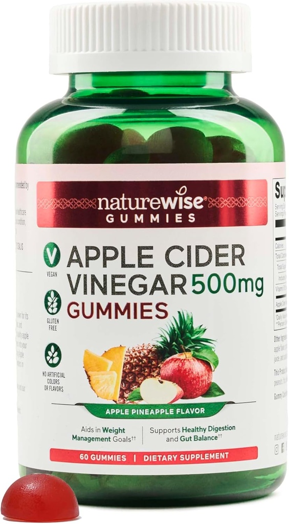 NatureWise Apple Cider Vinegar Gummies - 1000mg ACV por 2 + Vitamin B12 - Pectin Based Vegan, Gluten-Free, Non-GMO - 60 Conde[30-Day Supply for 1000mg o 2-Month Supply for 500mg]