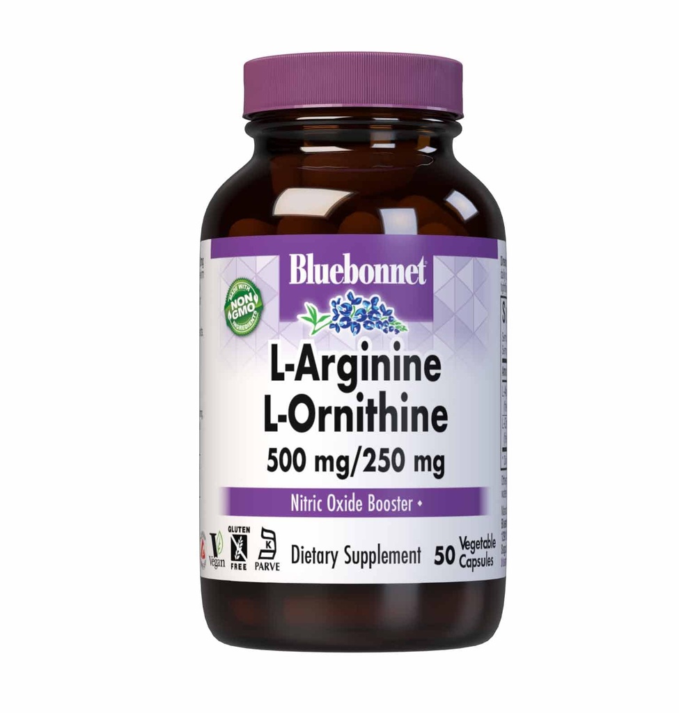 Bluebonnet Nutrition L-Arginine 500mg/L-Orinithine 250mg, Supports Protein Metabolism*, Soy-Free, Gluten-Free, Non-GMO, Kosher Certified, Vegan, 50 cápsulas vegetales, 50 piezas de servicio