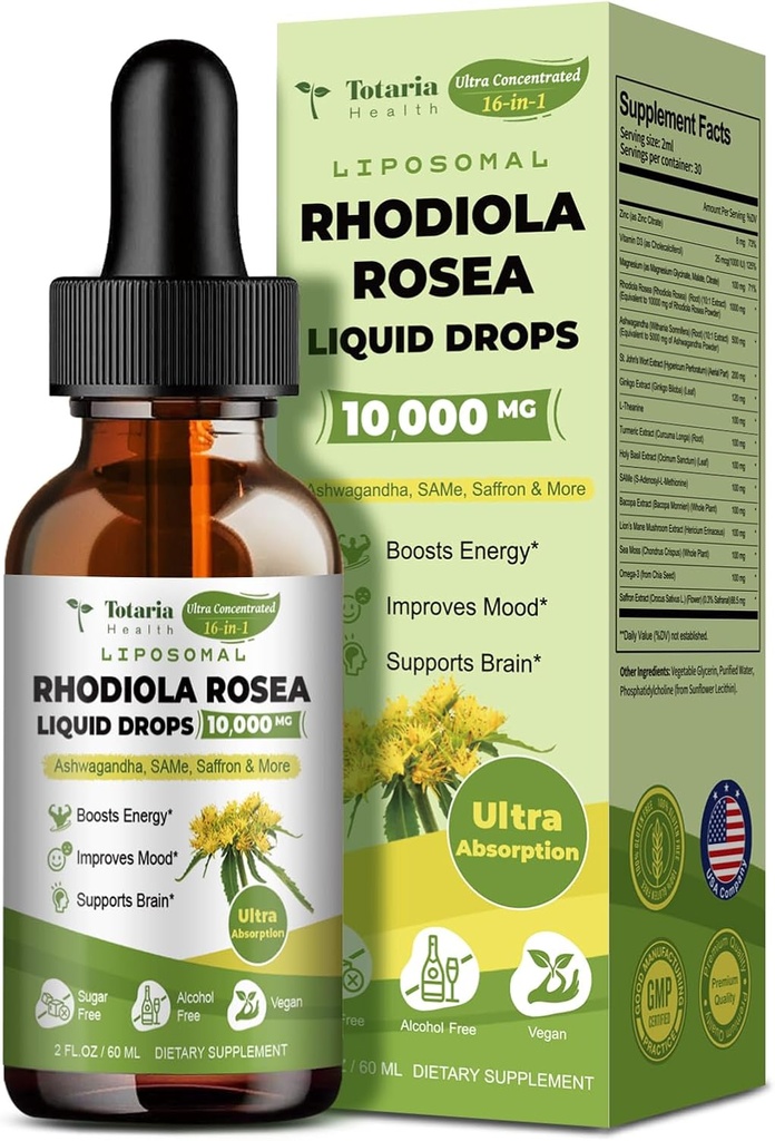 Totaria Liposomal Rhodiola Rosea Tincture 16 en 1, w/Ashwagandha, L-Theanine, Saffron, Ultra Strength Cortisol Suplemento con Rhodiola Rosea, Magnesio