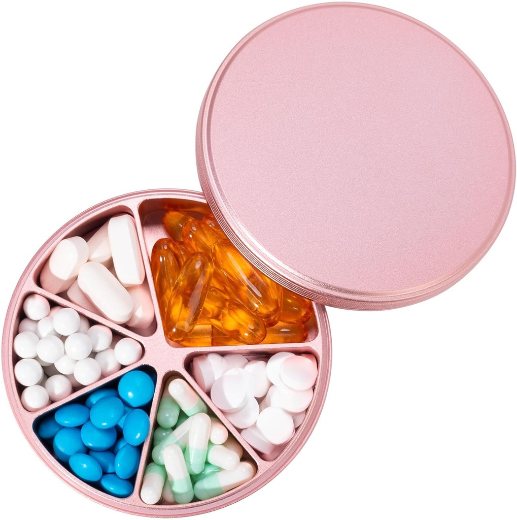 Pill Organizer 6 Compartments Pill Dispenser - Heavy Duty Metal Daily Pill Container, Daily Pill Box Pill Pill Holder, Waterproof Medication Case for Vitamin Supplement Medicine Fish Oils, 0.38lb, Pink