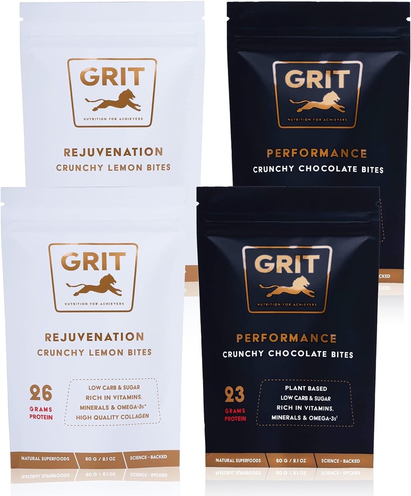Nutrición Bites Sampler Pack TEN 23-26g Protein TEN High Energy Pre-Workout and Joint Support Supplements TEN Muscle-Building and Endurance TEN Gluten Free, Keto, No Soy TEN GRIT Superfoods (60g, 4 pack)
