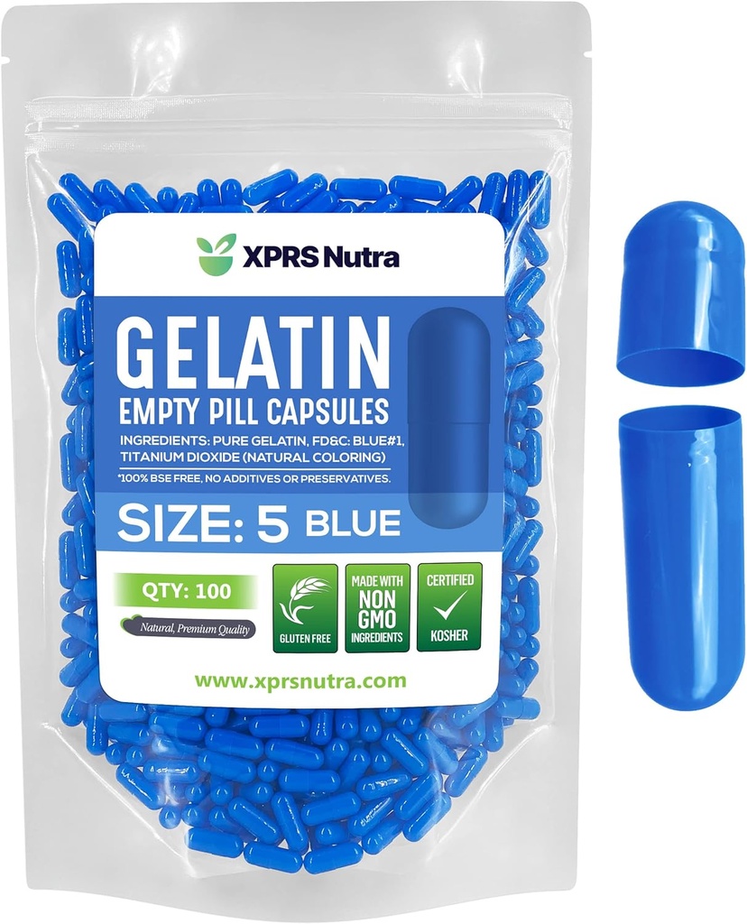 XPRS Nutra Size 5 Empty Capsules - 100 Cuentas Muy Pequeñas Gelatina Capsules - Pills DIY Capsule Filling - Fillable Pill Gel Caps for Do-It-youself Vitamin Supplements (Blue)