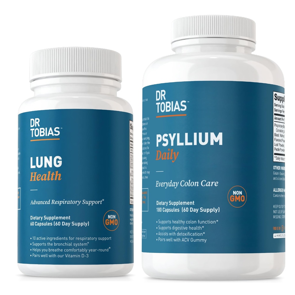 Dr. Tobias Lung Health " Psyllium Daily Supplements, Lung Cleanse " Detox Fórmula, apoya los movimientos de bolos saludables con Psyllium Husk, Vitamina C, Butterbur, Quercetin, Daily Fiber and Lung Supplement