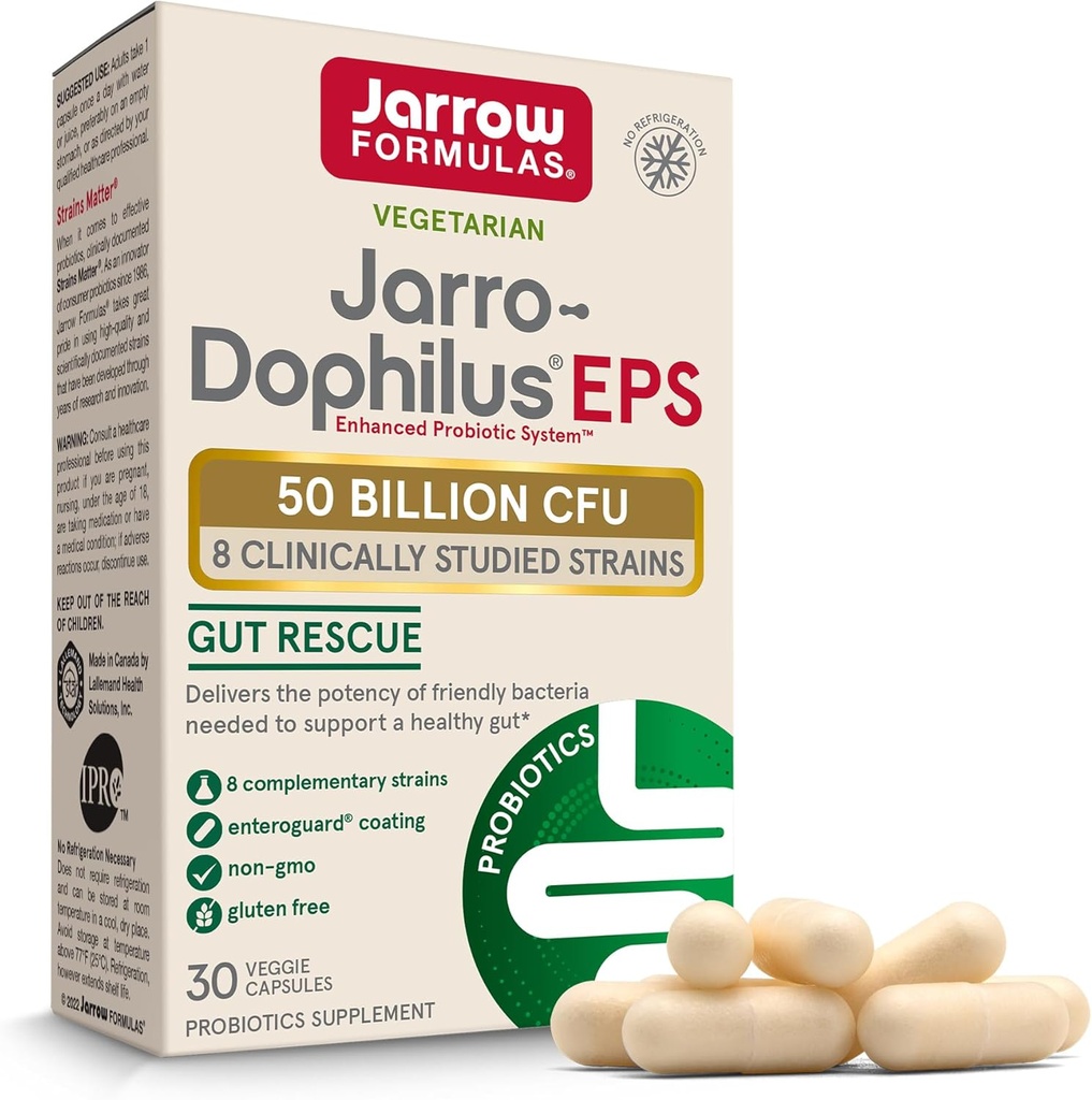 Jarrow Fórmulas Jarro-Dophilus EPS - 50 millones de organismos por servicio - 30 cápsulas de verduras cubiertas de Enteric - Probiótico multi-estreno - Salud intestinal e inmune - hasta 30 servidumbres