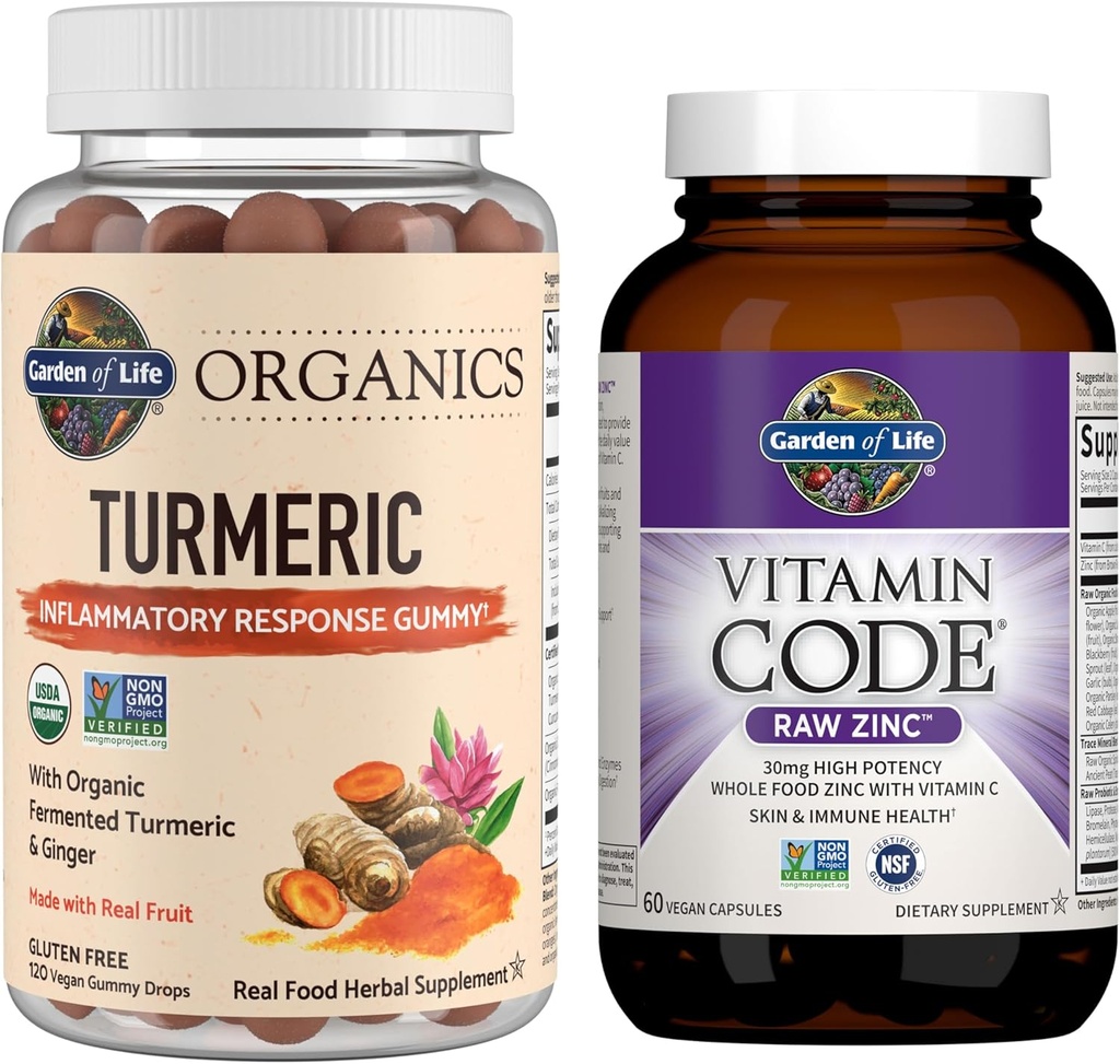 Jardín de vida Orgánicas Turmérica Respuesta Inflamatoria Gummy, 120ct &amp; Código de vitaminas Alta potencia Zinc crudo, 60ct