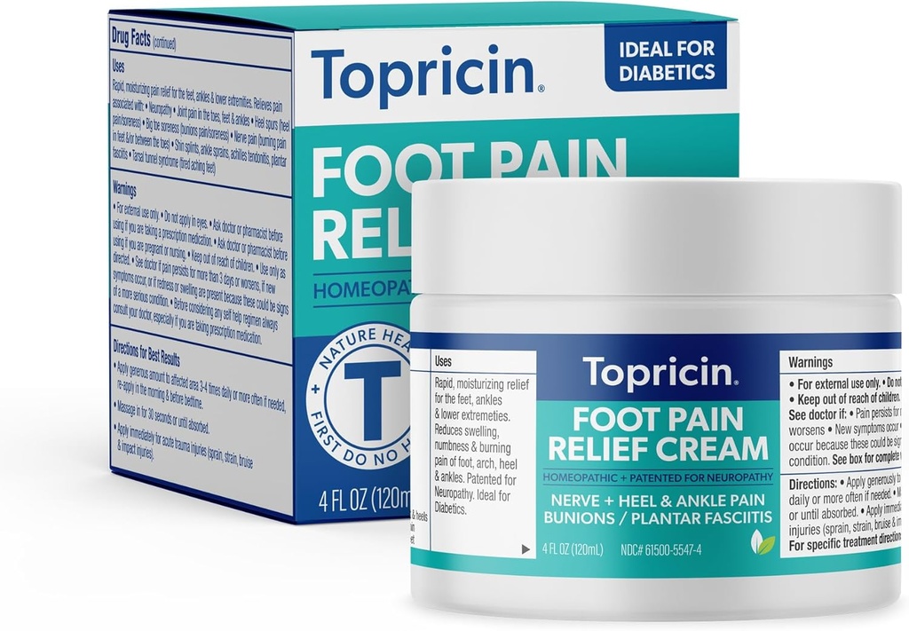 Topricin Foot Pain Relief Cream - Natural and Odor-Free Moisturizing Cream, 4 ounce - Jar