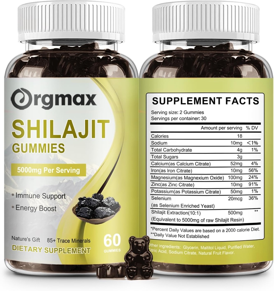 Shilajit Pure Himalayan Organic Shilajit Gummies,5000MG Shilajit Supplement for Men ' Women with 85+Trace Minerals & Fulvic Acid,Support for Focus, Energy & Immune, Non-GMO Print60 Count,2 Packs
