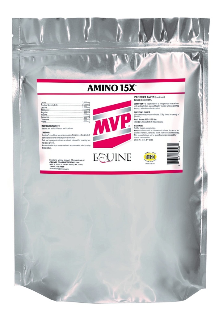 MVP Amino 15X (1.5lb) apoya la función del músculo saludable, desarrollo y recuperación en caballos.