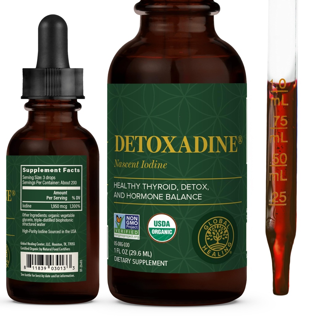 Global Healing Center - Detoxadine - Organic Nascent Liquid Iodine Supplement Drops for Thyroid Support, Detox Cleanse, and Metabolism - Non-GMO, Vegan, 200 Servings Iodine Drops (1 Oz)
