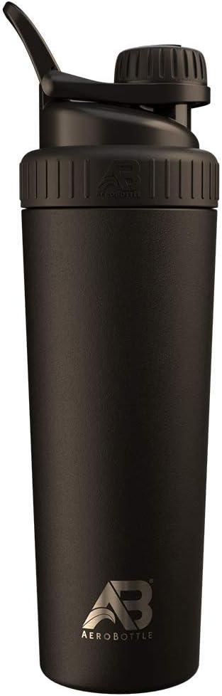 AeroBottle Cryo Shaker Cup, Acero Insonorizado Botella de Agua y Proteína Shaker, Mezcla Proteína y Pre Workout Con Tecnología de Mezcla Turbulenta, Sin bola de Blending o Wisk, 26oz, Negro Hielo