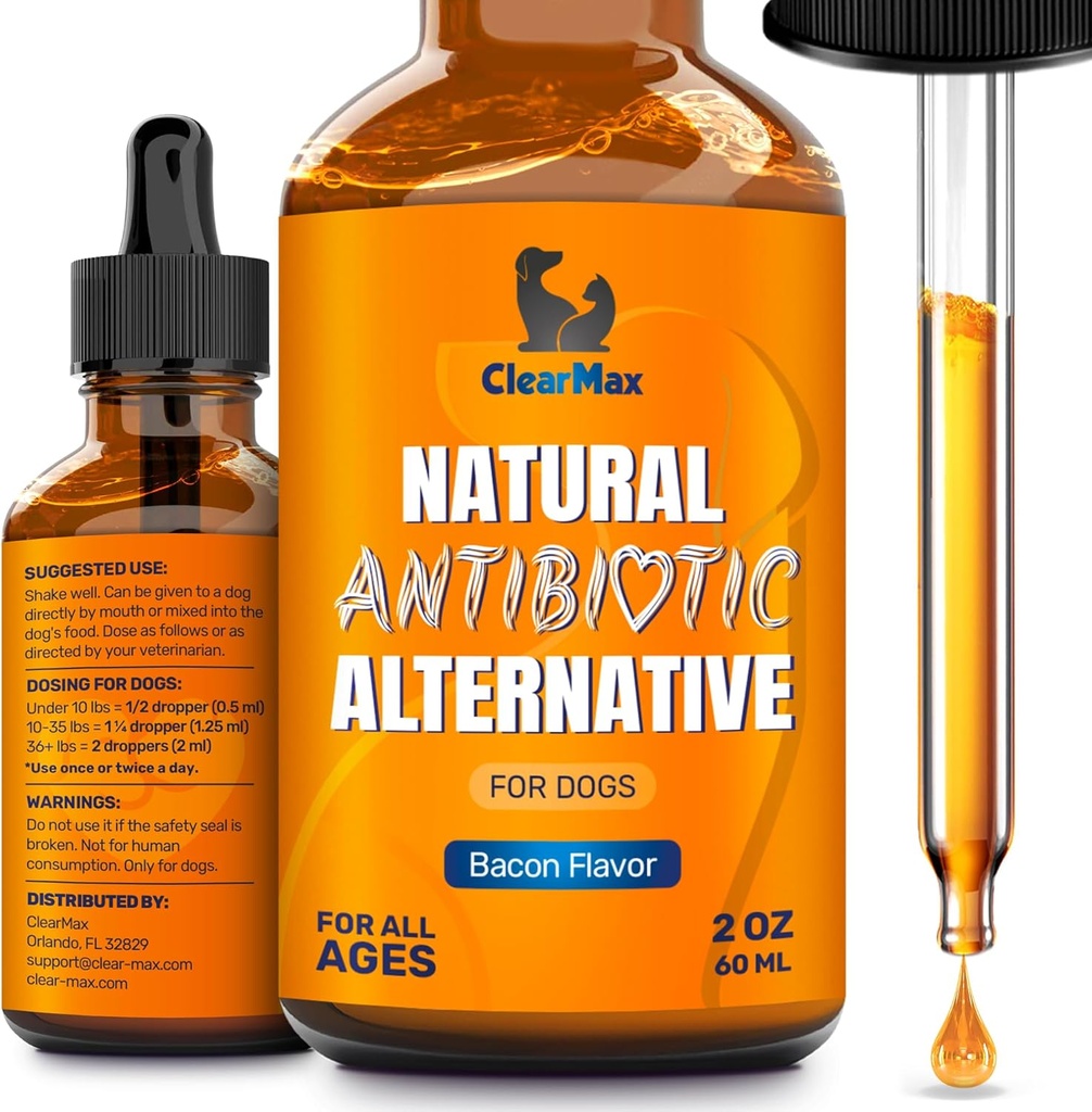 Dog Antibiotics for Infections, Allergies, Coughs – Natural Antibiotics for Dogs with Cranberry Provide Urination & Digestion Care – Natural Ingredients + Bacon Flavor – 2 Oz