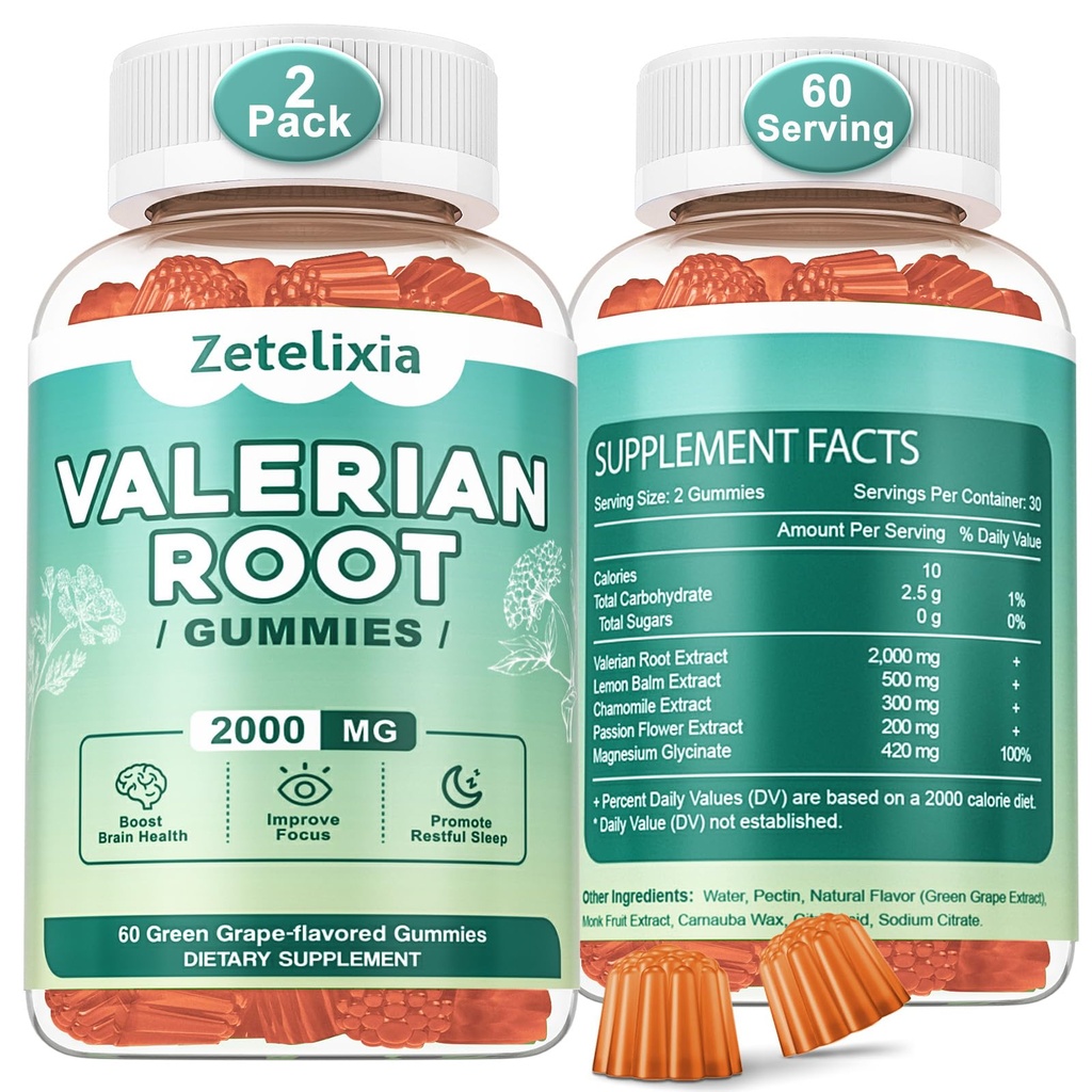 2 Pack Orgánica Valerian Root Gummies, Natural Calm to Help Relaxation, Herbal Supplement for Mood Support, Melatonin Free, Non-GMO, Gluten Free, Vegan, Green Grape Flavor, 120 Conde