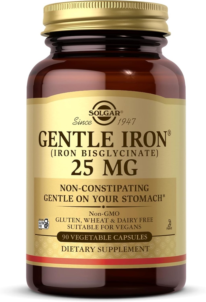 Solgar Gentle Iron (Iron Bisglycinate) 25 mg - 90 cápsulas vegetales - No estreñimiento, suave en su estómago - Gluten Gratis - 90 piezas