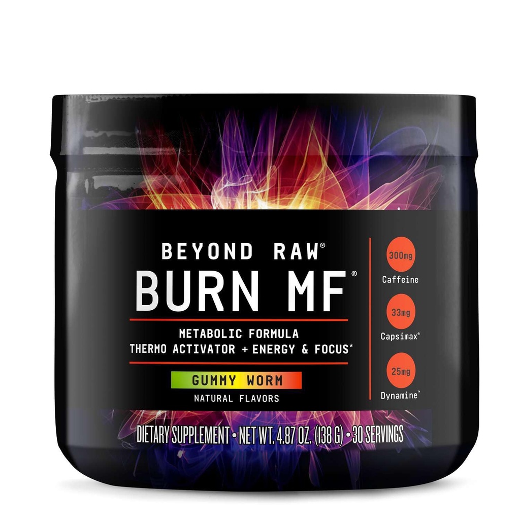 BEYOND RAW Burn MF, Fórmula metabólica, termo activador, soporta energía y foco, Gummy Worm, 30 servicios