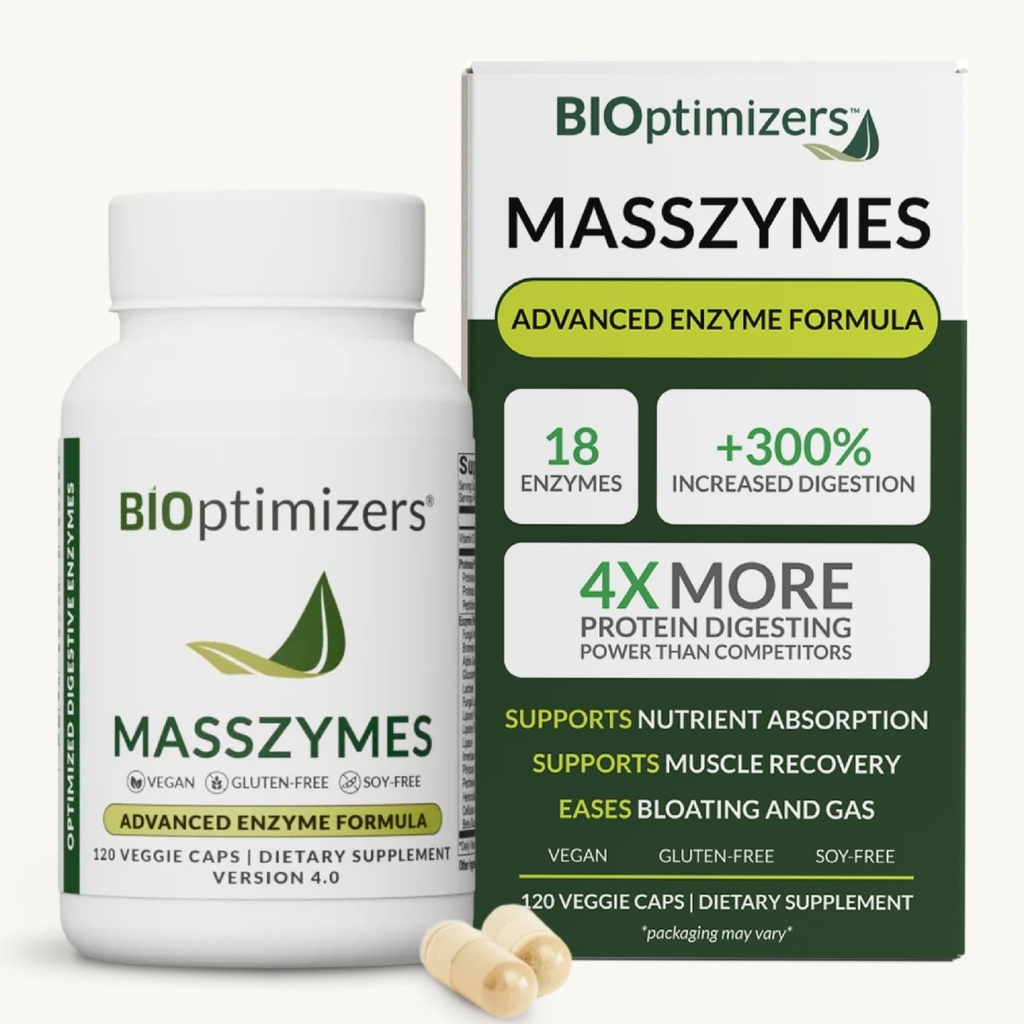 BIOptimizers MassZymes - Suplemento completo de Enzymes Digestivos para Gut Health - Bloating Relief for Men and Women - Lipase Amylase Bromelain Digestive Enzymes (120 Capsules)