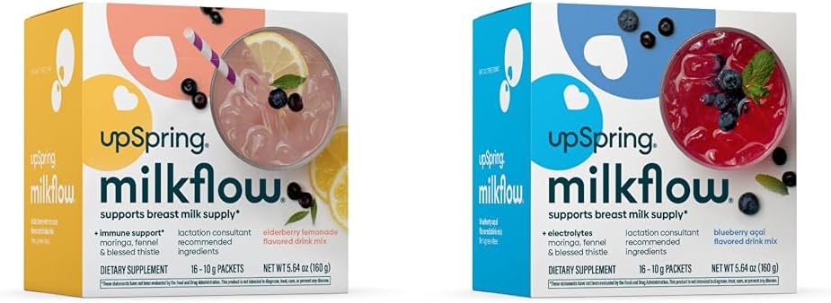 UpSpring Milkflow Breastfeeding Suplemento Bebidas Mezclas TEN Fenugreek-Free TEN Moringa Silencio Elderberry Lemonade & Blueberry Acai Flavors TENIDO Lactation Supplements*