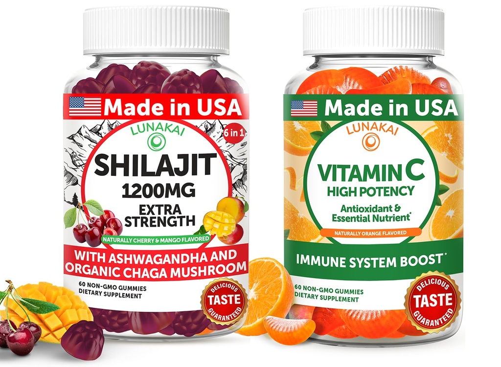 Lunakai USA hizo Shilajit &amp; Vitamina C High Potency Gummies Bundle – Energy and Immune Support – Non-GMO " Delicious