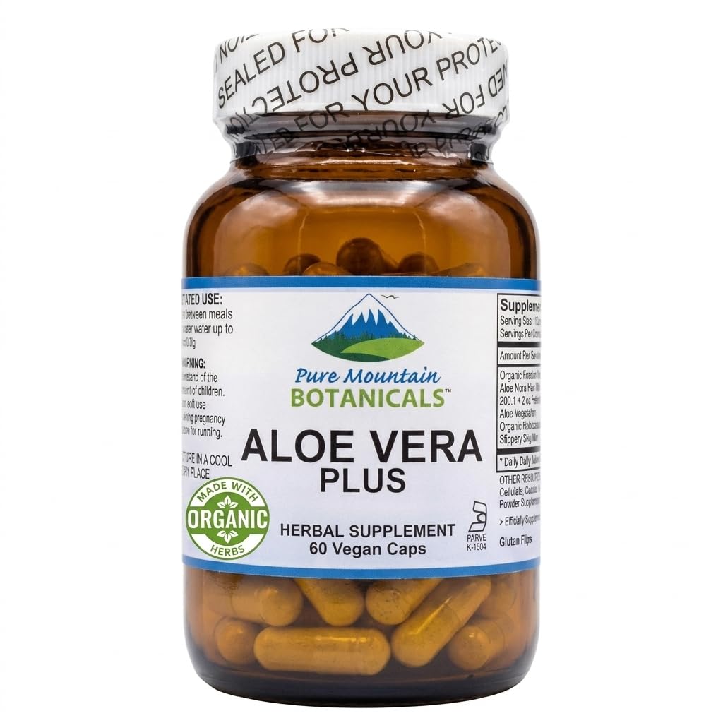 Botánicos de Montaña Pura Aloe Vera Plus Capsules. 200:1 Extracto. Kosher Organic Dried Aloe Vera Gel, Marshmallow Root, Slippery Elm