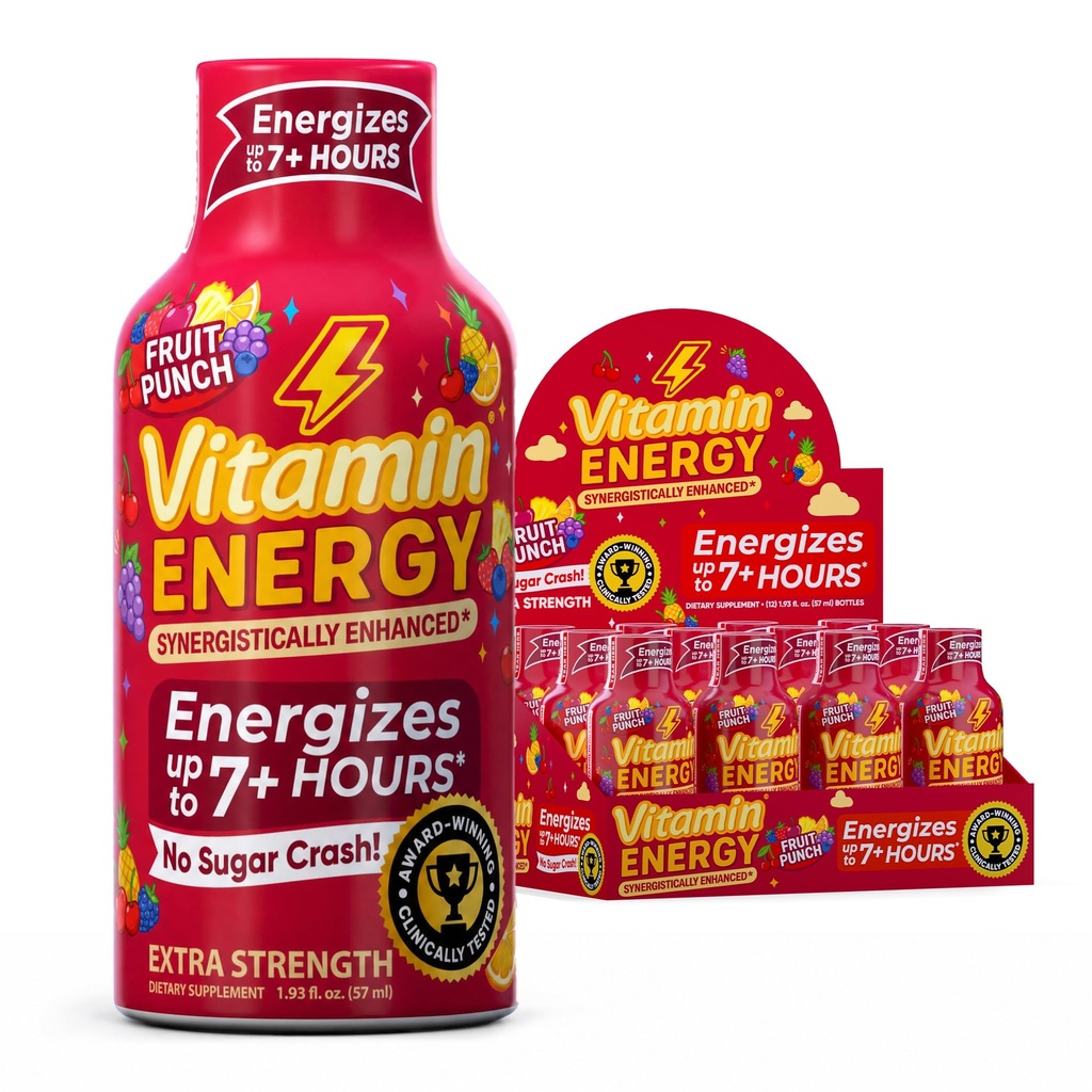 Vitamin Energy Immune+ Extra Strength Energy Shot Fruit Punch 12 Pack, 260mg Natural Caffeine, B-Vitamins, Citicoline, Green Tea, Immunity & Focus Support Zero Sugar, Gluten-Free 1.93 fl oz