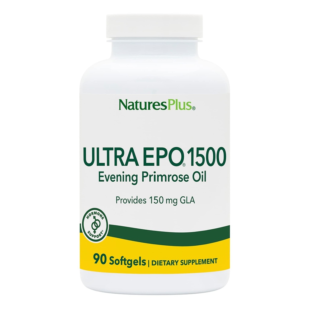 NaturesPlus Ultra EPO 1500 - Aceite Primrose Evening - Soporte Antioxidante Premenstrual y Menopausal - Promueve la piel clara - Gluten Gratis - 90 Softgels, 90 Servings