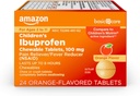 Cuidado básico Tablas para niños Ibuprofeno Chewable, 100 mg, Alimentador de Dolor y Fiebre, Sabor de Naranja, Para dolores, dolores, garganta profunda, dolor de estómago y alivio de dolor de cabeza, 24 Cuenta