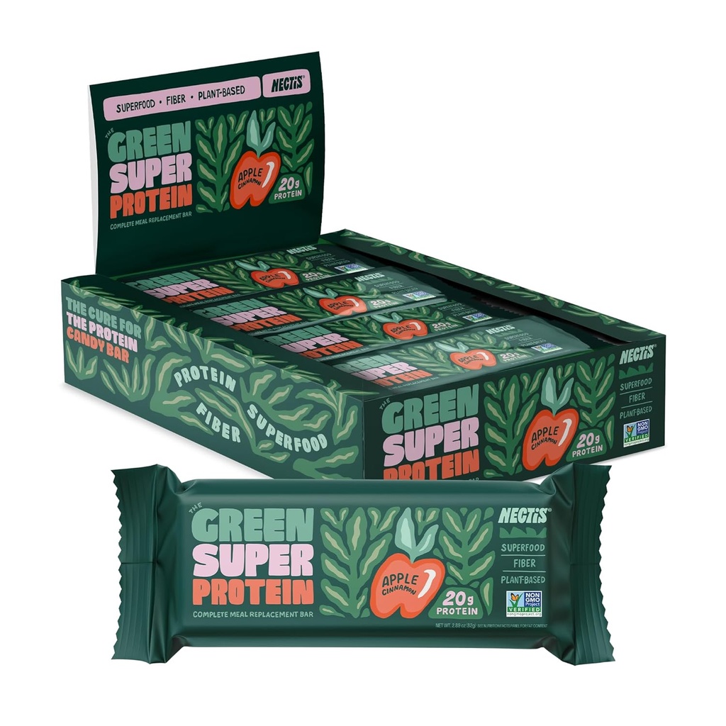 Nectis Green Super Protein Meal Bares, Apple Cinnamon, 20g proteína de la planta, Ecológico Verdes, fibra alta, vegano, no soy, no gmo, 82g Bar, 8 pack