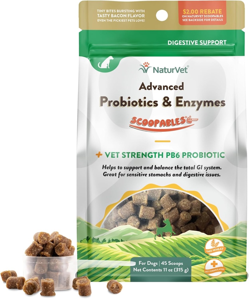 NaturVet Scoopables Advanced Probiotics for Dogs - Chewable Dog Probiotics & Digestive Enzymes - Support a Healthy Gut for Your Pet - Hickory Smoked Bacon Flavor | 11oz Bag