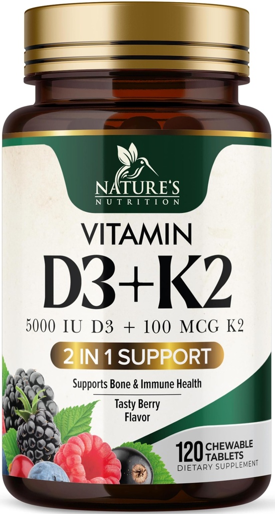 Vitamina D3 K2 Suplemento TENIDO 5000 UI D3 + K2 100 mcg TEN MK-7 K2 con Vitamina D ANTERIENDA Apoyo Immune, Heart, Teeth &amp; Bone Health - Nature's Easy to Chew, VIT D3 K2, Non-GMO, Tasty Berry Flavor - 120 Tablets