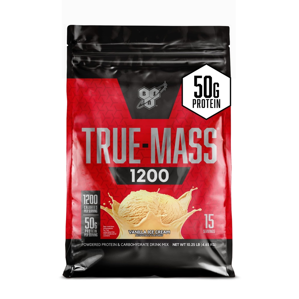 BSN TRUE-MASS Weight Gainer, Muscle Mass Gainer Protein Powder, Vanilla Ice Cream, 10.25 libras
