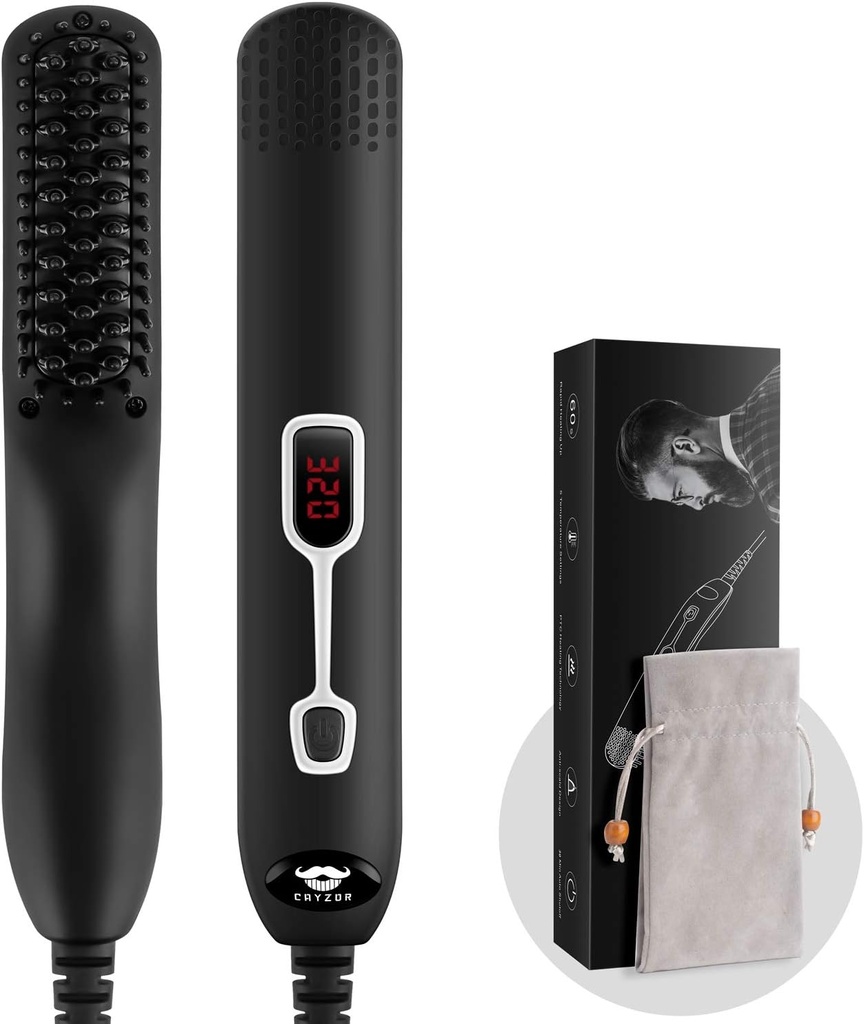 Beard Straightener Comb for Men - Upgraded Professional Electric Mens Beard Straightening Heated Brush Portable Anti-Scald 5 Adjustable Temperatures & LCD Display with Carrying Bag