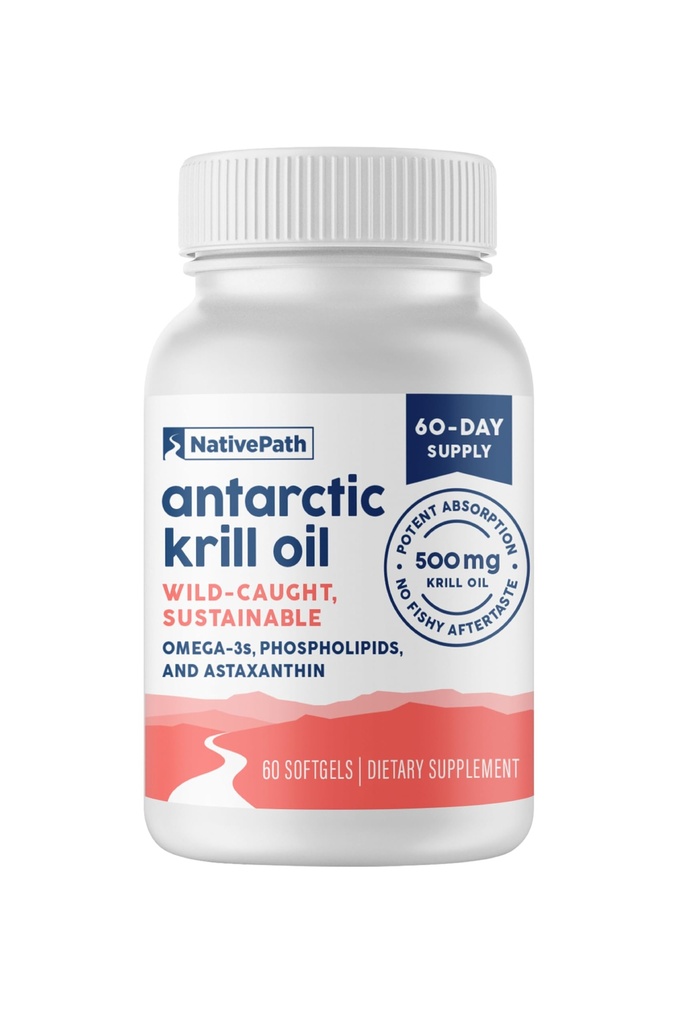 NativePath Antártico Krill Oil - Wild-Caught Omega 3 Krill Oil 500mg Softgels con EPA, DHA y Astaxanthin - Suplemento para Conjunto, Corazón, Cerebro e Inmunidad - 60 ct - No Fishy Aftertaste