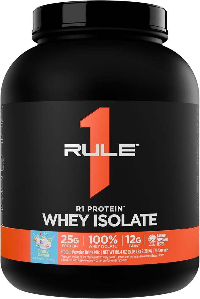 Regla 1 R1 Proteína Whey Isolate - con 25g Protein & 6g BCAA Exclusivamente de Fuentes hidrolizadas de recuperación de entrenamiento (5 libras*, Cereales Frutas)