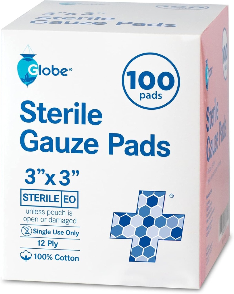 Globe 3'' x 3'' Advanced Sterile Gauze Pads, 100-Pack Individually Packed - 12-Ply Cotton for Wound Care Dressing, Highly Absorbent Bandages for Home & Emergency Use - Travel & First Aid Kit Essential