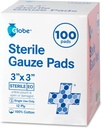 Globe 3' x 3'' Advanced Sterile Gauze Pads, 100-Pack Empaquetado individualmente - 12-Ply Cotton for Wound Care Dressing, Highly Absorbent Bandages for Home " Emergency Use - Travel " First Aid Kit Essential