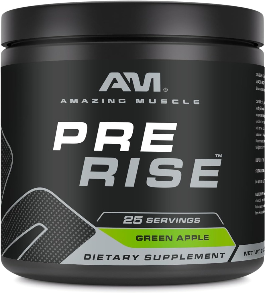Amazing Muscle Pre Rise | Pre-Workout Powder Supplement with Caffeine & Beta-Alanine for Men & Women | 25 Servings (25 Servings, Green Apple)