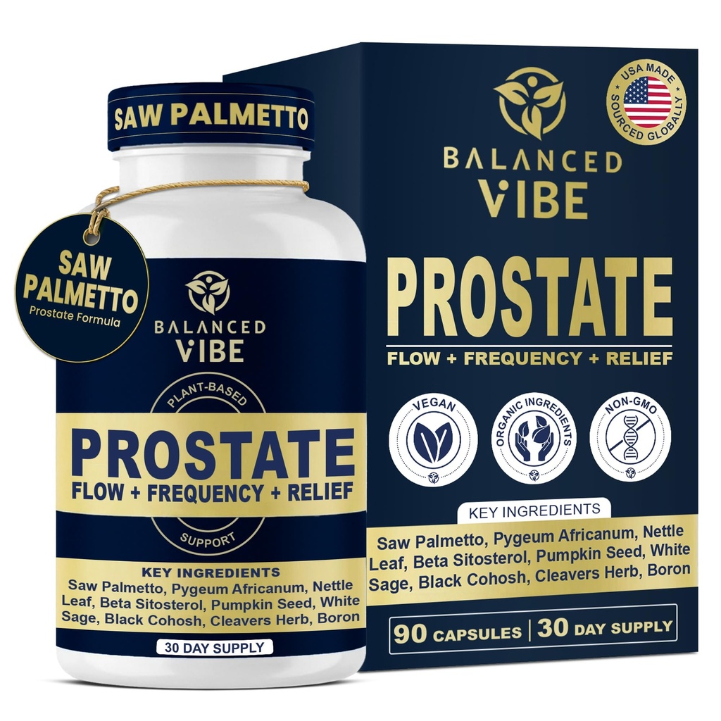 Balanced Vibe Prostate Support Suplemento para Hombres TENIDO Fórmula orgánica de base vegetal con Saw Palmetto, Pygeum " Beta-Sitosterol ANTE Soporta Flow " Comfort, Day and Night TEN 90 Vegan Capsules