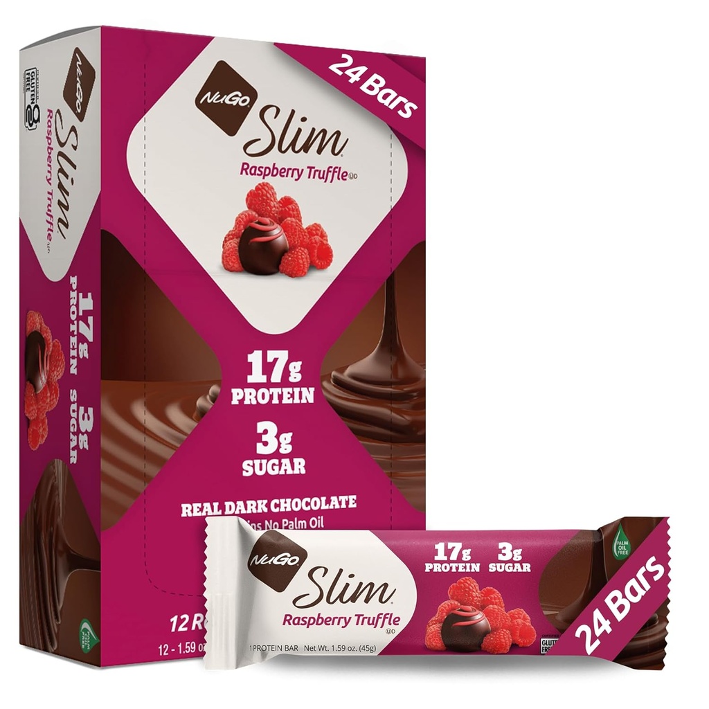 NuGo Slim Dark Chocolate Raspberry Truffle, 17g Protein, 2g Sugar, 7g Fiber, Low Net Carb, Keto Friendly, Gluten Free, 24 Condes