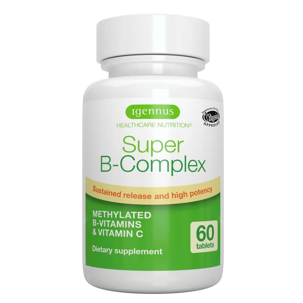 Igennus Super B-Complex Metillated B Vitaminas - Sujeto de liberación, etiqueta limpia y alta absorción, con 5 MTHF Folate " Methyl B12, Energía, Mood " Rendimiento cognitivo, Lab Verified, 60 pequeñas tablas