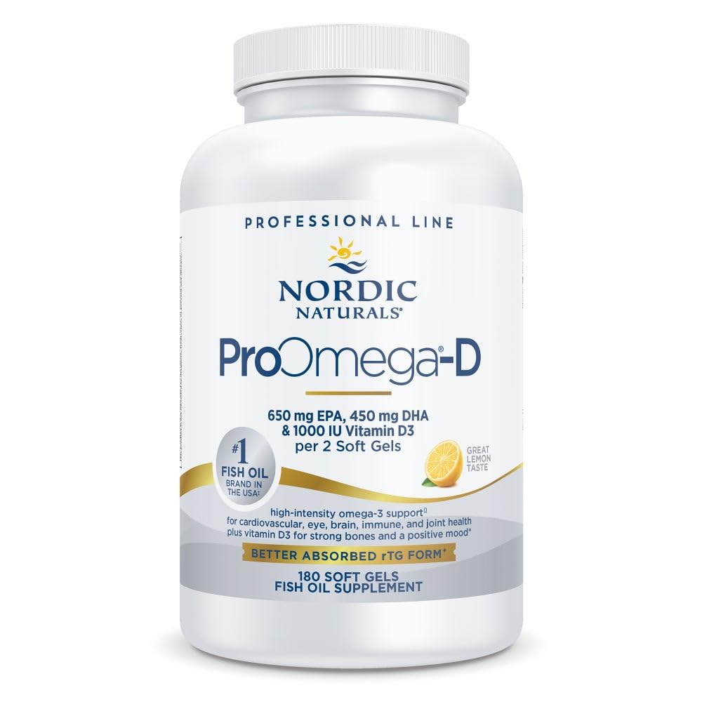 Naturales nórdicos ProOmega-D, Sabor de limón - 180 Gels blandos - 1280 mg Omega-3 + 1000 UI D3 - Aceite de pescado de alta potencia - EPA & DHA - Cerebro, Ojo, Corazón, &amp; Salud Inmune - No GMO - 90 Servimientos