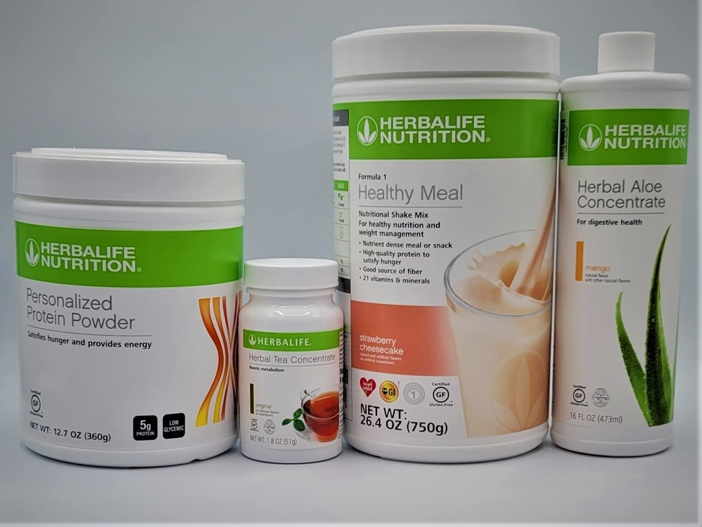 HERBALIFE Formula 1 Four Combo (Strawberry Cheesecake 750g) Healthy Nutritional Shake Mix-Herbal Aloe Concentrate Pint 473ml-PERSONALIZED Protein Powder 360g and Herbal Tea Concentrate 51g
