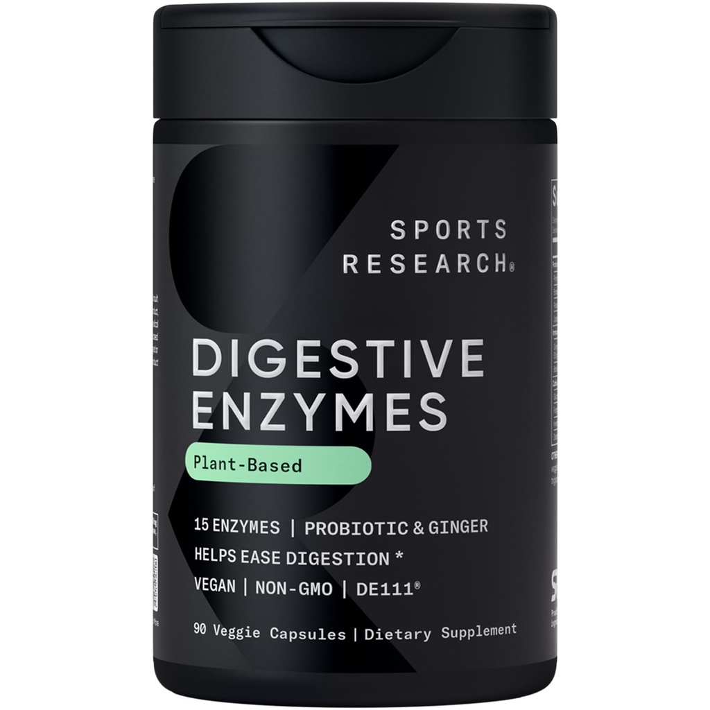 Sports Research Digestive Enzymes with Probiotics & Ginger - Plant Based for Dairy, Protein, Sugar & Carbs - Non-GMO Verified & Vegan Friendly (90 Veggie Capsules)