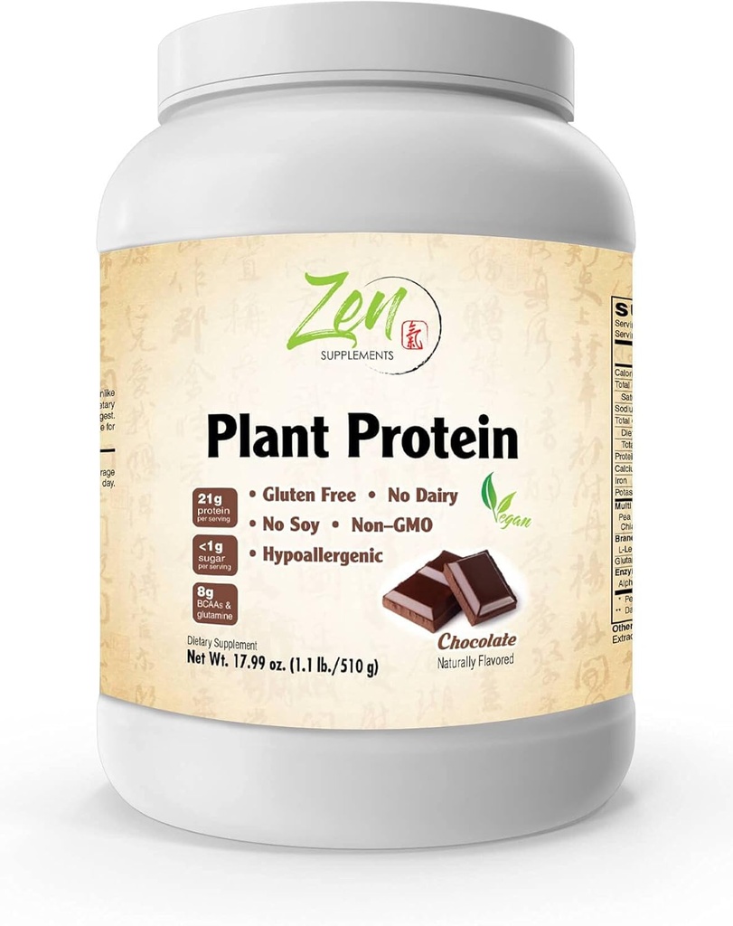 Zen Supplements - Plant Protein-Chocolate 510G 1.1LB -Powder - 23 Grams of Protein Per Serving -Vegan, Low Net Carbs, Non Dairy, Gluten Free, Lactose Free, No Sugar Added, Soy Free, Kosher, Non-GMO